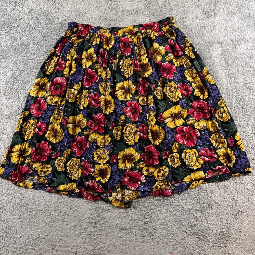 The Villager Floral Midi Skirt Size 2X Black Red Yellow Rayon Elastic Waist